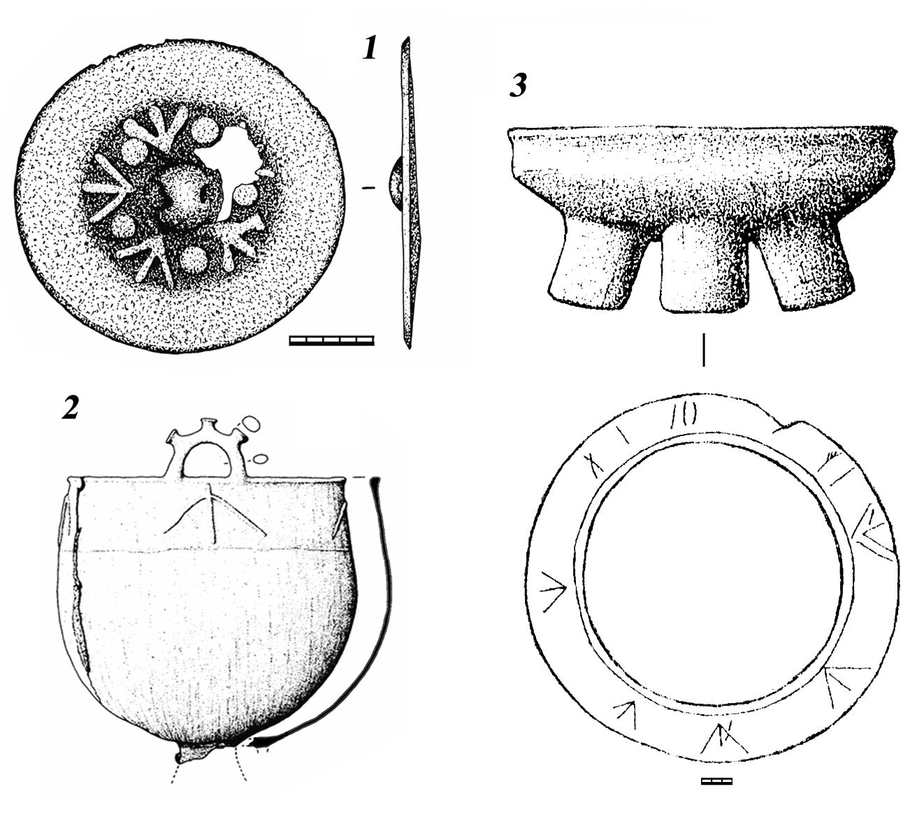 Sign of bird paw – type: 1- bronze cast mirror from tomb 1
	of necropolis of the ancient city of Sidak; 2 - bronze cauldron from
	the Museum in Aral’sk (Boroffka and oth. 2005); 3 - Sarmatian
	altar from Southern Transurals (Tregubov 2000)